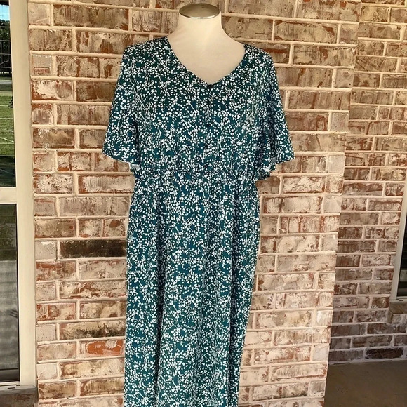 Unbranded Teal White Abstract Flutter Sleeved Midi Dress-see notes on size - Picture 1 of 9